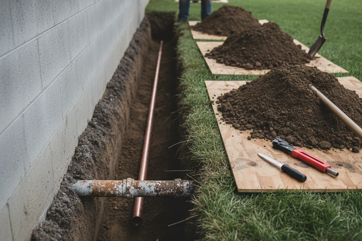 Excavated water line trench during Water Heater Repair in Mount Auburn